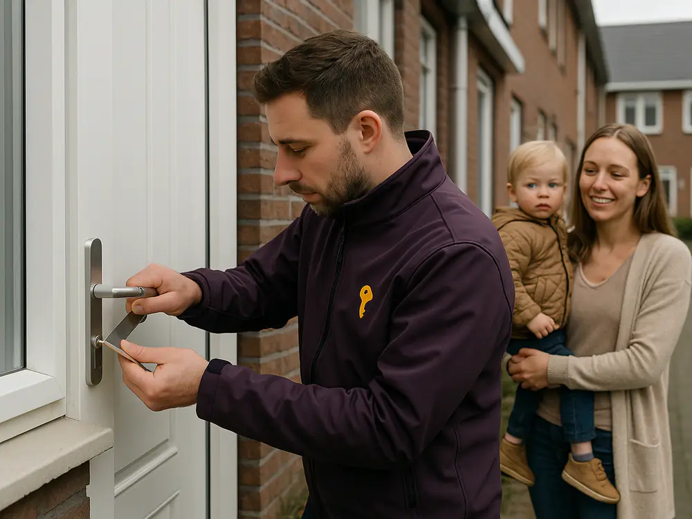Slotenmaker opent een dichtgevallen voordeur zonder schade terwijl een moeder met kind toekijkt