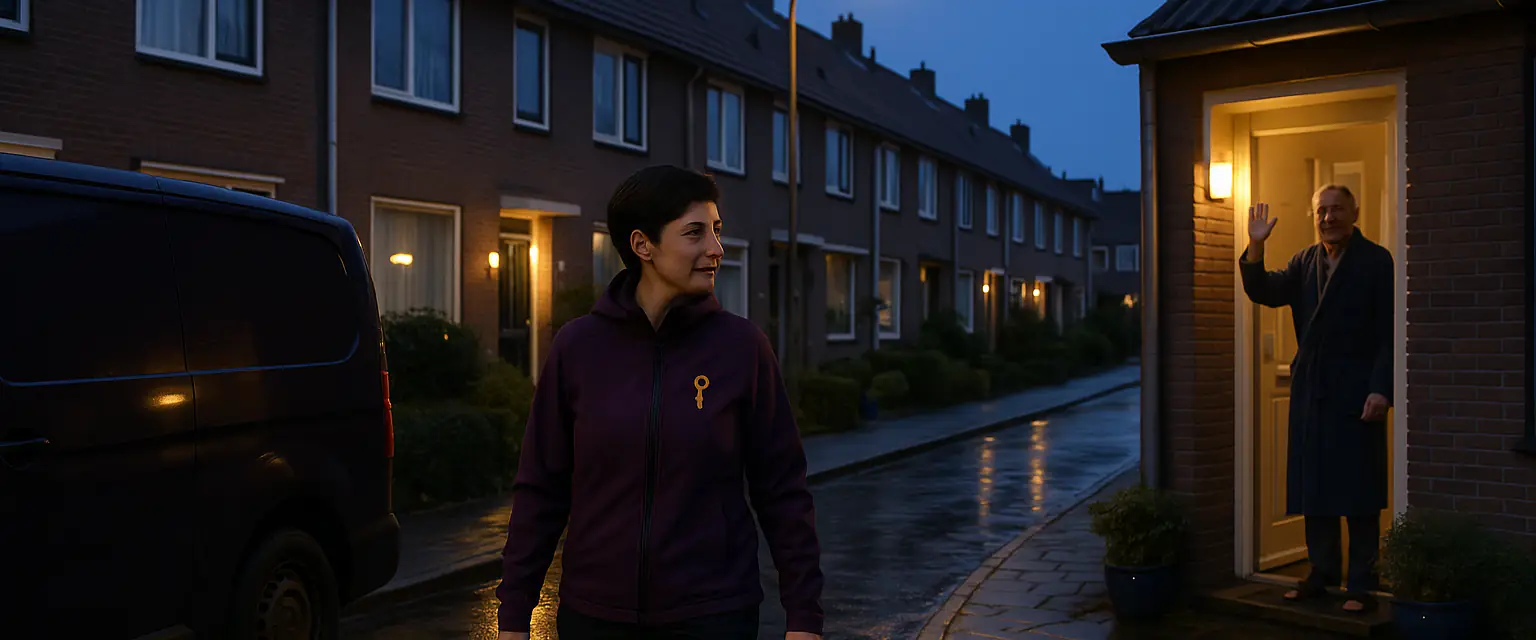 Slotenmaker loopt in de schemering met haar gereedschapskoffer van de bus naar een wachtende bewoner in Den Bosch