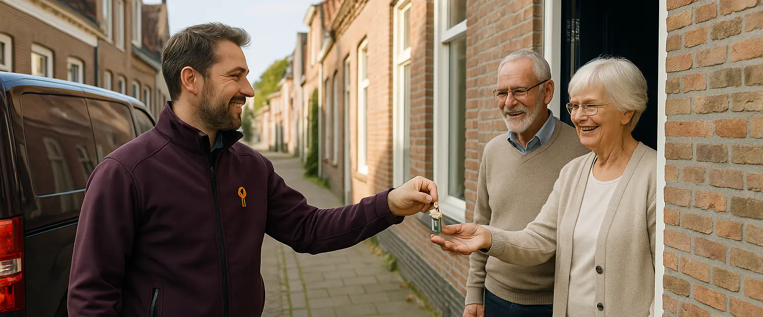 Slotenmaker overhandigt de sleutels van de nieuwe SKG-sloten aan een ouder echtpaar