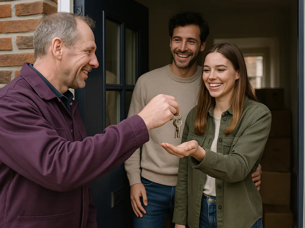 Slotenmaker geeft nieuwe sleutels aan een jong stel in hun net gekochte woning