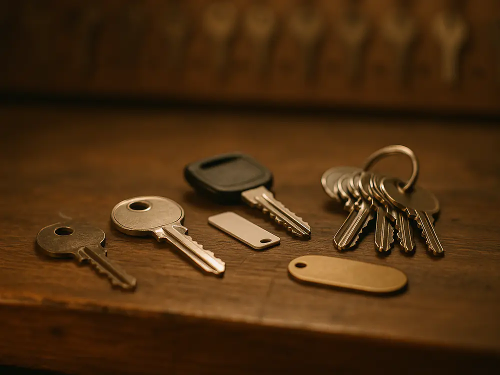 Net bijgemaakte huissleutel naast de originele sleutel en een veiligheidssleutel met codekaart